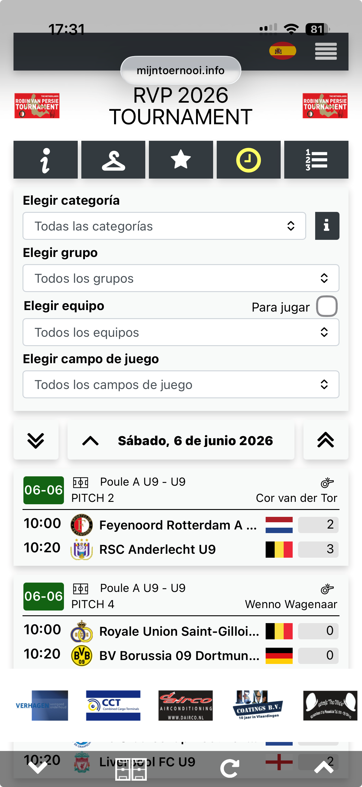 Página móvil para visitantes con calendario de partidos, filtro de equipos y clasificaciones