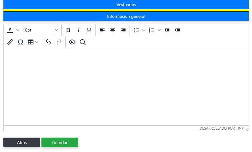 Establecer texto general de vestuarios